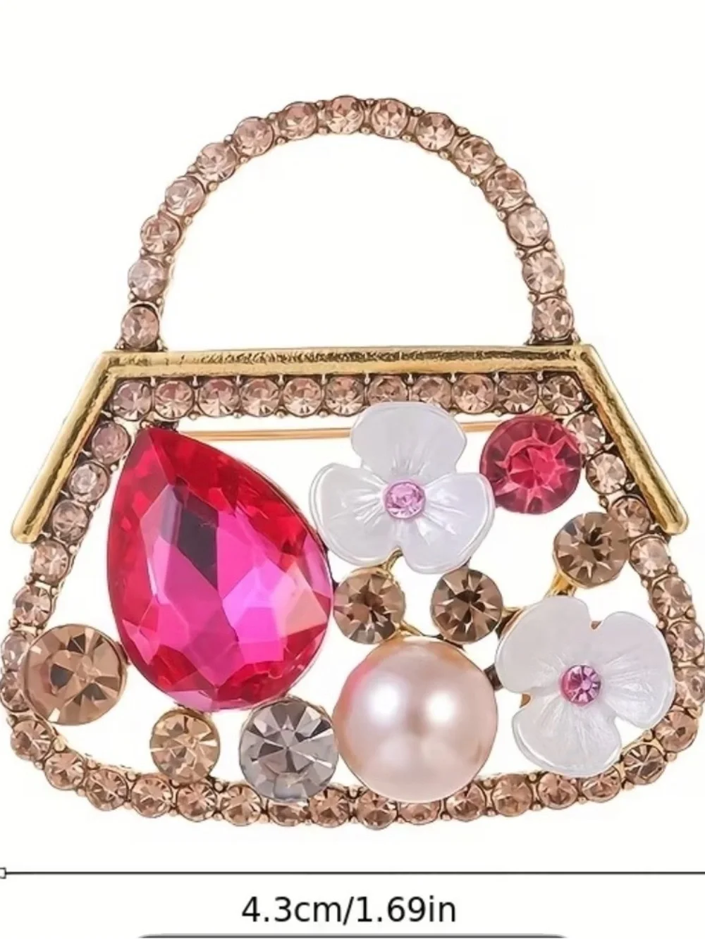 Gold-Tone Floral Pink Crystal Purse Brooch - Women Jewelry